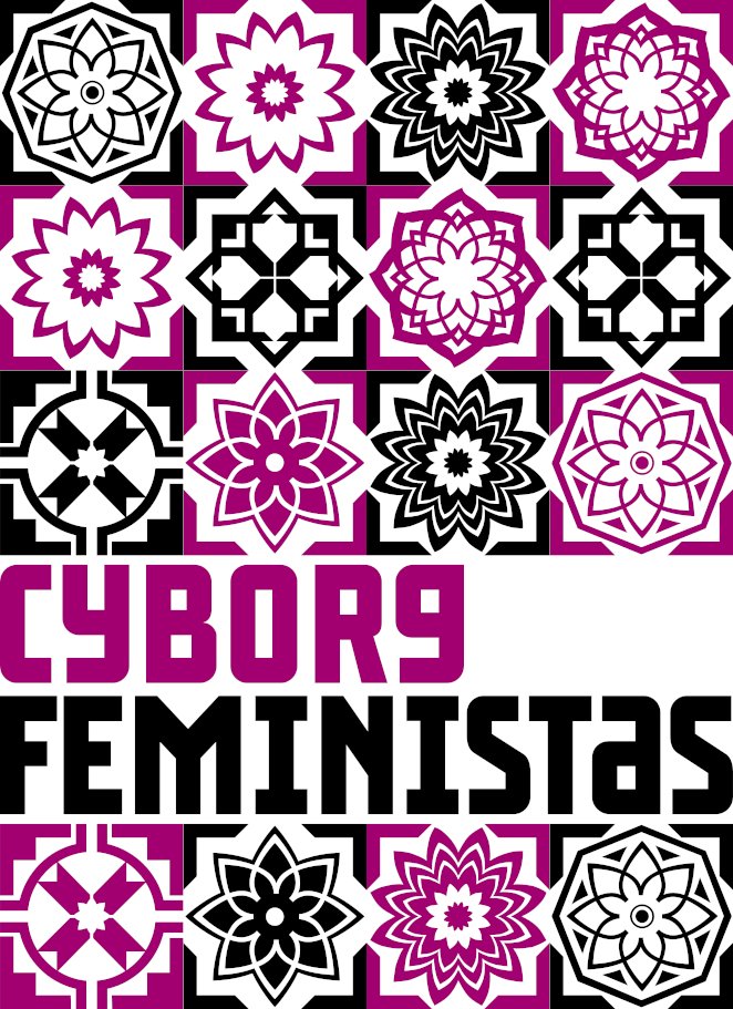 Dibujos circulares geométricos en colores violetas y al centro dice "Cyborgfemnistas"