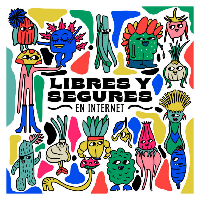 Dibujos de personajes diversos, tipo verduras humanoides de colores que representan la diversidad y el eslogan "Libres y segures en Internet"
